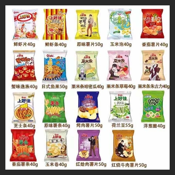 Show details for Shanghaojia 19 kinds of puffed snacks spree, shipped randomly(40g-55g),1*10 pack, 1*20 pack Picture of Shanghaojia 19 kinds of puffed snacks spree, shipped randomly(40g-55g),1*10 pack, 1*20 pack