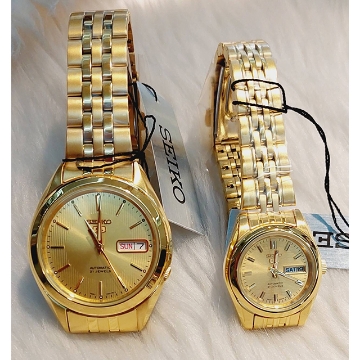 Show details for Seiko 5 Classic Gold Dial Couple's Gold Plated Stainless Steel Watch Set , SNKL28J1 / SYMK20J1 Seiko 5 Classic Gold Dial Couple's Gold Plated Stainless Steel Watch Set