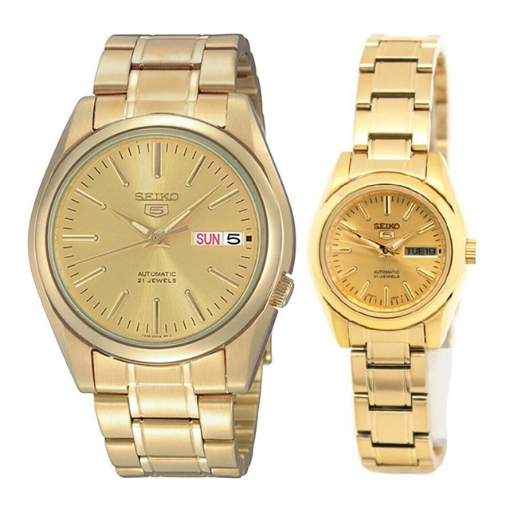 Seiko 5 Classic Gold Dial Couple's Gold Plated Stainless Steel Watch Set 